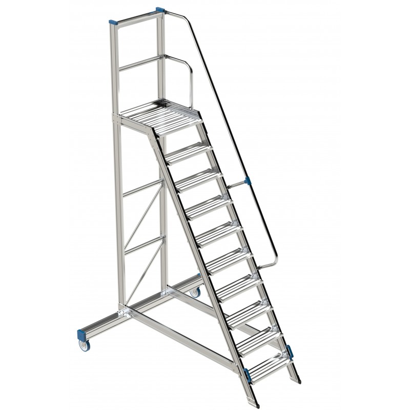Escalera almacén industrial aluminio con plataforma de trabajo de 60x60 peldaños de 20 cm